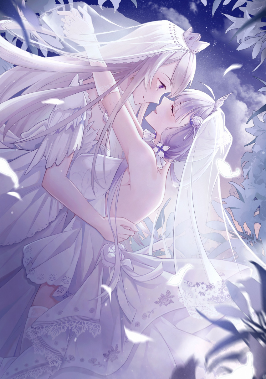 2girls absurdres azur_lane backless_dress backless_outfit bouquet breasts bridal_veil bride closed_eyes crown dress enterprise_(azur_lane) enterprise_(starlight_oath)_(azur_lane) flower gloves halter_dress halterneck highres holding holding_bouquet illustrious_(azur_lane) illustrious_(morning_star_of_love_and_hope)_(azur_lane) large_breasts mini_crown mole mole_under_eye multiple_girls rose sleeveless sleeveless_dress veil wedding_dress white_dress white_flower white_gloves white_hair white_rose wife_and_wife xiaoli_(1507) yuri