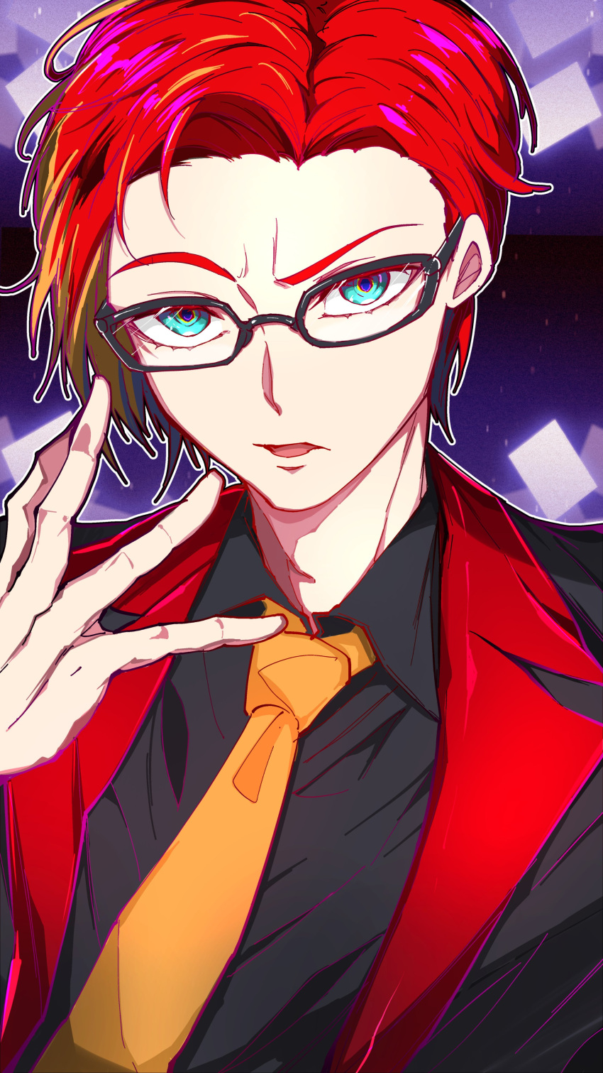 1boy absurdres alternate_costume alternate_hairstyle aqua_eyes bespectacled black-framed_eyewear black_jacket black_shirt collared_shirt comb_over glasses hand_up highres hizaki_gamma hizaki_gamma_(artist) holostars jacket lapels looking_at_viewer male_focus multicolored_hair necktie notched_lapels orange_hair orange_necktie outline parted_lips purple_background raised_eyebrows red_hair shirt short_hair solo streaked_hair two-tone_hair upper_body virtual_youtuber white_outline