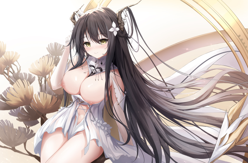 1girl absurdly_long_hair absurdres azur_lane black_hair breasts breasts_out cleavage detached_collar dress flower gloves green_eyes hair_flower hair_on_horn hair_ornament highres horns indomitable_(azur_lane) large_breasts long_hair nipples proverbs_zhenyan revealing_clothes sitting solo thighs very_long_hair white_dress white_gloves
