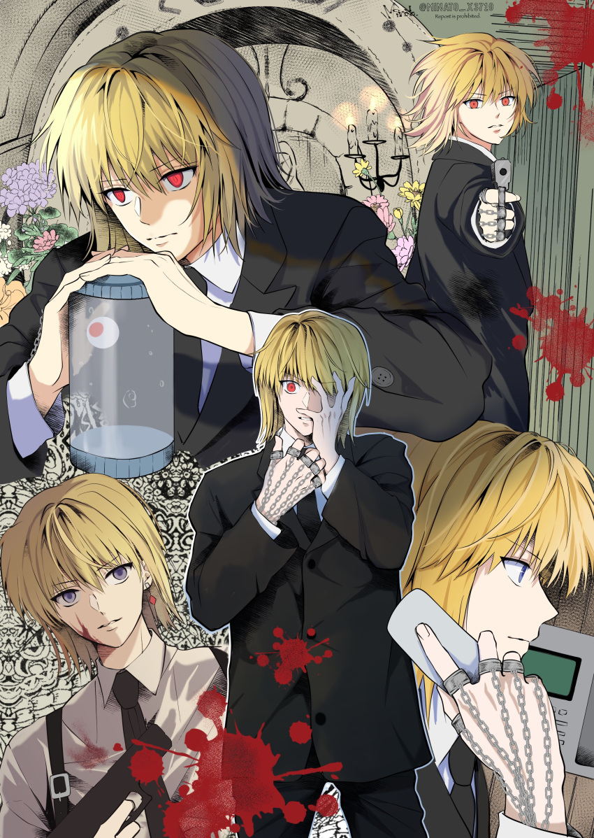 1boy absurdres blonde_hair blood candle chain closed_mouth commentary_request expressions gun hand_on_own_cheek hand_on_own_face highres holding holding_gun holding_weapon hunter_x_hunter kurapika looking_at_viewer male_focus minato_x3710 montage multiple_views necktie phone purple_eyes red_eyes short_hair solo weapon