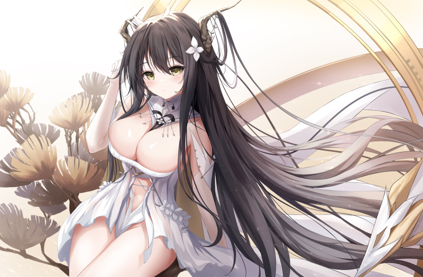 1girl absurdly_long_hair absurdres azur_lane black_hair breasts cleavage detached_collar dress flower gloves green_eyes hair_flower hair_on_horn hair_ornament highres horns indomitable_(azur_lane) large_breasts long_hair proverbs_zhenyan revealing_clothes sitting solo thighs very_long_hair white_dress white_gloves