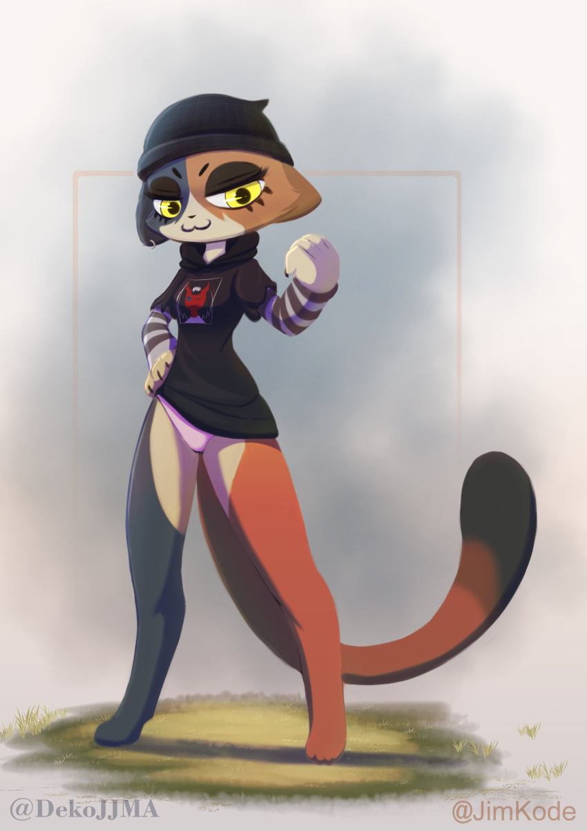 &gt;:3 2022 absurd_res anthro artist_name barefoot beanie black_claws black_clothing black_eyeshadow black_hoodie black_topwear brown_body brown_fur calico_cat cel_shading claws clothing curled_fingers domestic_cat ear_piercing epic_games eyeshadow feet felid feline felis female finger_claws fish_hook fortnite full-length_portrait fur grass grass_field grey_background grey_body grey_fur half-closed_eyes hand_on_hip handpaw hat headgear headwear hi_res hindpaw hoodie jimkode long_legs long_sleeves long_tail makeup mammal meow_skulls_(fortnite) mottled multicolored_body multicolored_fur narrowed_eyes noseless outside panties pantsless paws piebald piercing pink_clothing pink_panties pink_underwear plant portrait pose print_clothing print_hoodie print_topwear shaded shirt simple_background small_feet solo striped_sleeves topwear undershirt underwear video_games white_body white_fur yellow_eyes