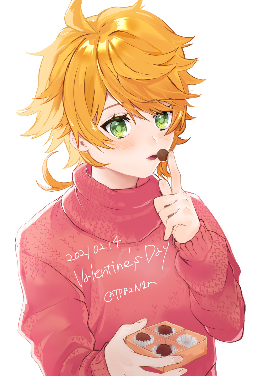 1girl absurdres candy chocolate chocolate_bar commentary emma_(yakusoku_no_neverland) food green_eyes highres orange_hair protected_link red_sweater short_hair sweater symbol-only_commentary tp82n1r white_background yakusoku_no_neverland