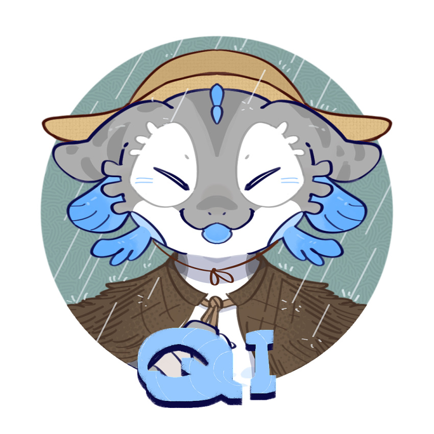 1:1 anthro artist_name asnnonaka blep blue_tongue brown_clothing brown_topwear bust_portrait clothed clothing eyes_closed front_view grey_body hat headgear headwear male portrait raining simple_background solo species_request tan_hat tan_headwear tongue tongue_out topwear white_body