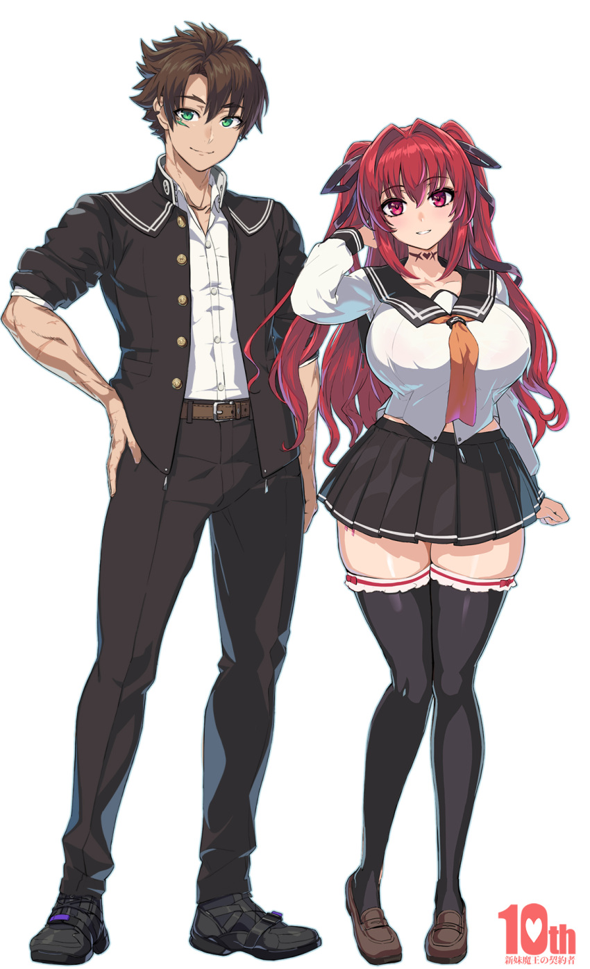 1boy 1girl breasts brown_hair green_eyes highres large_breasts long_hair naruse_mio neck_tattoo ookuma_nekosuke red_eyes red_hair school_uniform shinmai_maou_no_testament short_hair slave_tattoo tattoo thick_thighs thighhighs thighs toujou_basara twintails