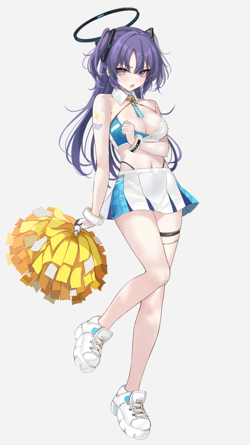 1girl bangs blue_archive blue_eyes blue_hair blush breasts cheerleader cleavage full_body grey_background hair_ornament halo high_heel_sneakers highres holding holding_pom_poms long_hair looking_at_viewer mexif midriff navel pom_pom_(cheerleading) shoes simple_background sneakers solo standing white_footwear yuuka_(blue_archive)