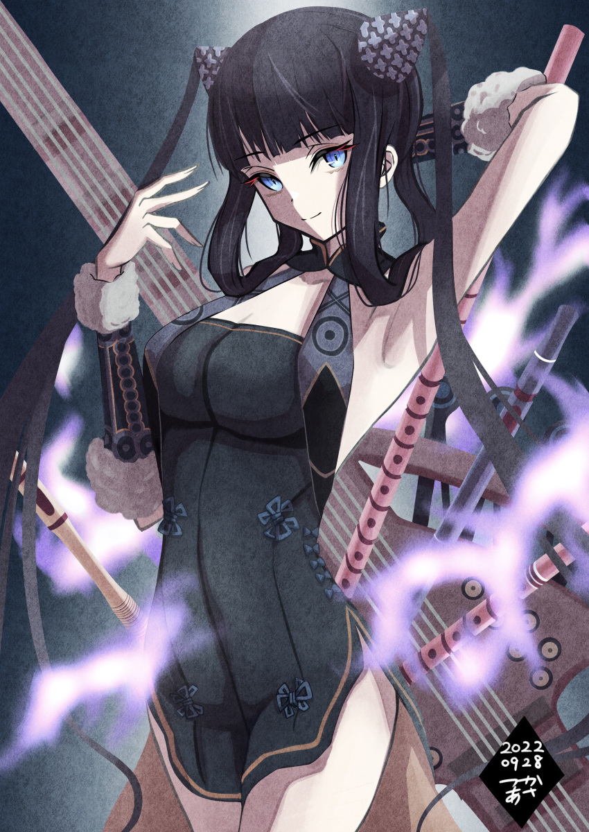 1girl absurdres arm_behind_head arm_up armpits bangs bare_shoulders black_dress blue_eyes breasts china_dress chinese_clothes cleavage detached_sleeves dress fate/grand_order fate_(series) fire fish flute hair_ornament highres instrument large_breasts long_hair looking_at_viewer pipa_(instrument) purple_fire purple_hair side_slit sidelocks smile thighs tsukaasa twintails very_long_hair yang_guifei_(fate)