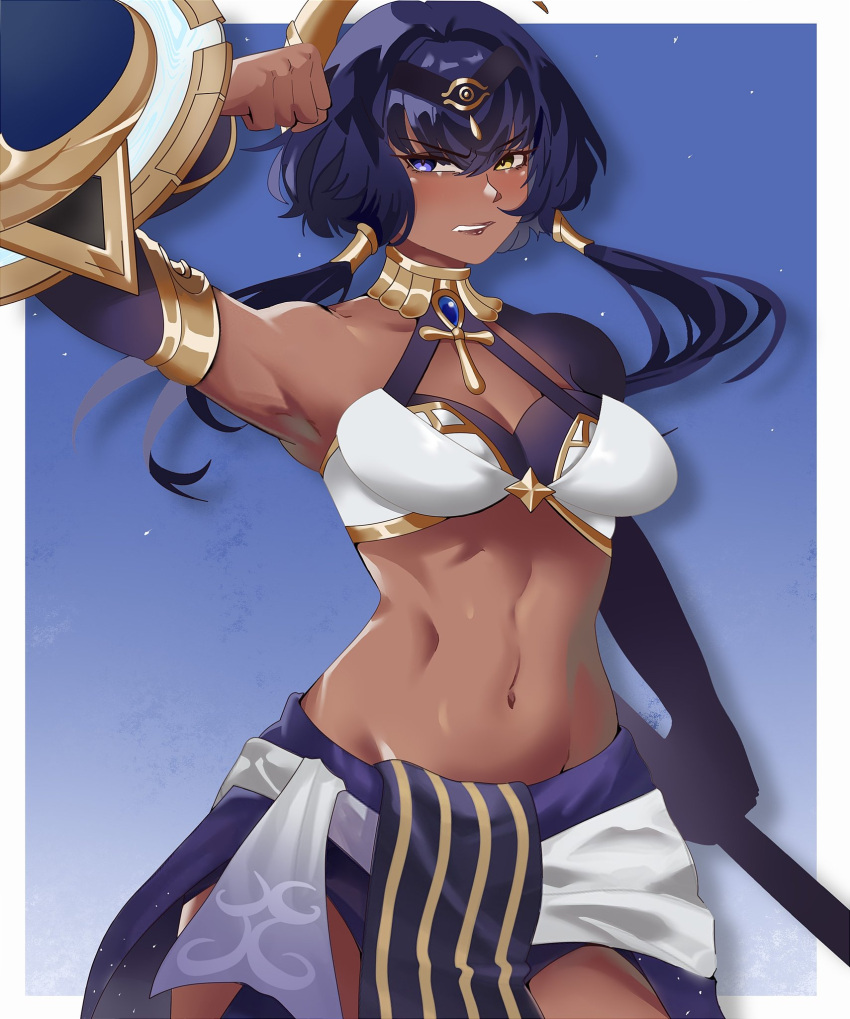 1girl 2022 breasts candace_(genshin_impact) dark-skinned_female dark_skin genshin_impact heterochromia highres large_breasts lastofrabbit looking_at_viewer self_upload tagme yellow_eyes