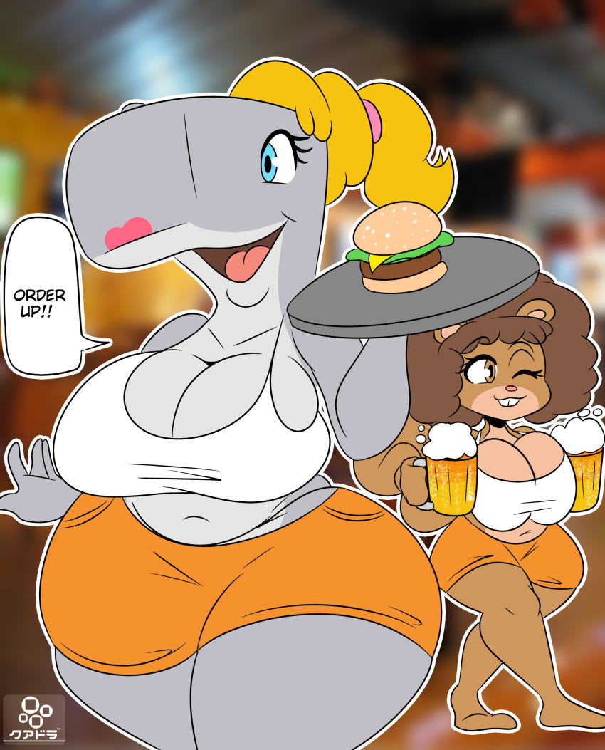 2022 absurd_res anthro blonde_hair blue_eyes breasts brown_body brown_eyes brown_fur brown_hair burger cetacean cleavage clothed clothing cuadra_side dialogue duo english_text female food fur grey_body hair hi_res hooters mammal marine midriff navel nickelodeon one_eye_closed open_mouth open_smile pearl_krabs ponytail rodent sandy_cheeks sciurid smile spongebob_squarepants text thick_thighs tree_squirrel wink