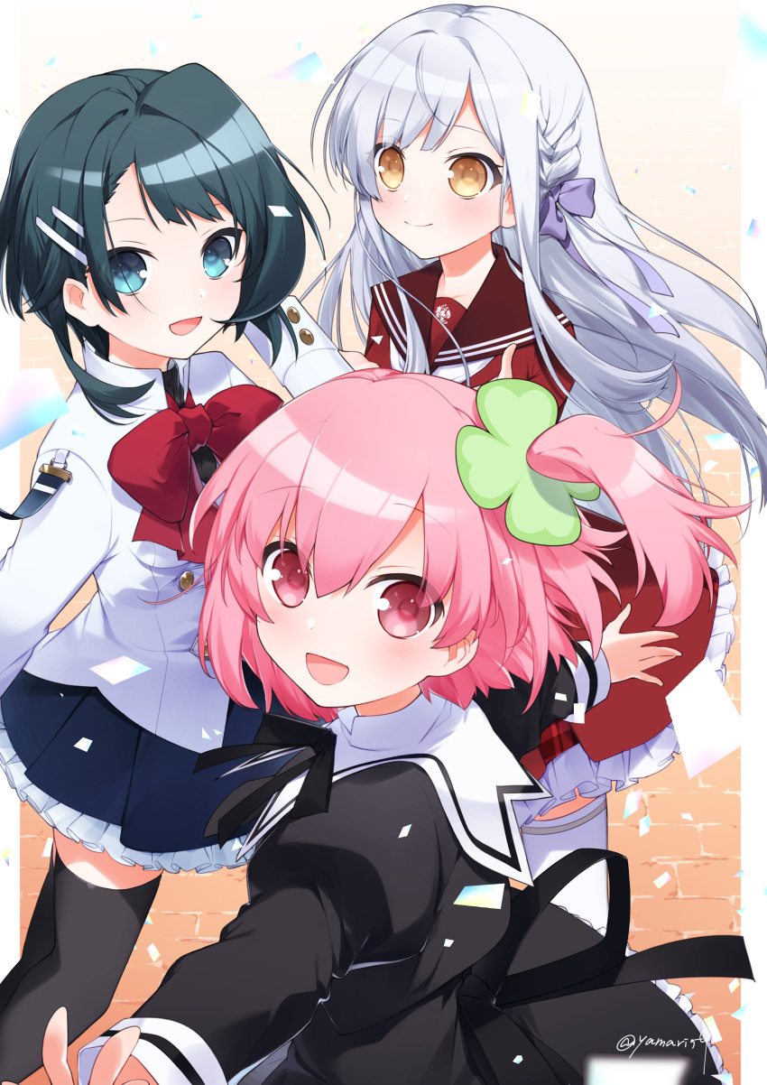 3girls :d absurdres aizawa_kazuha assault_lily asymmetrical_hair bangs black_ribbon black_shirt black_skirt black_thighhighs blue_eyes blue_hair blue_skirt blunt_bangs blush bow bowtie braid brown_sailor_collar buttons closed_mouth clover_hair_ornament collared_shirt commentary_request confetti cropped_jacket four-leaf_clover_hair_ornament frilled_skirt frills gradient gradient_background grey_hair hair_between_eyes hair_ornament hair_ribbon hairclip hand_up hands_up herensuge_girls_academy_school_uniform high-waist_skirt highres hitotsuyanagi_riri jacket juliet_sleeves kanba_girls_high_school_uniform kon_kanaho long_hair long_sleeves looking_at_viewer looking_to_the_side mari_(rodoney-kiara) miniskirt multiple_girls neck_ribbon one_side_up open_mouth orange_background outside_border outstretched_arms pillarboxed pink_eyes pink_hair plaid plaid_skirt pleated_skirt puffy_sleeves purple_ribbon red_bow red_bowtie red_shirt red_skirt ribbon sailor_collar school_uniform serafuku sett shirt short_hair side_braid sidelocks skirt smile standing thighhighs twitter_username very_long_hair white_jacket white_thighhighs yellow_eyes yurigaoka_girls_academy_school_uniform zettai_ryouiki