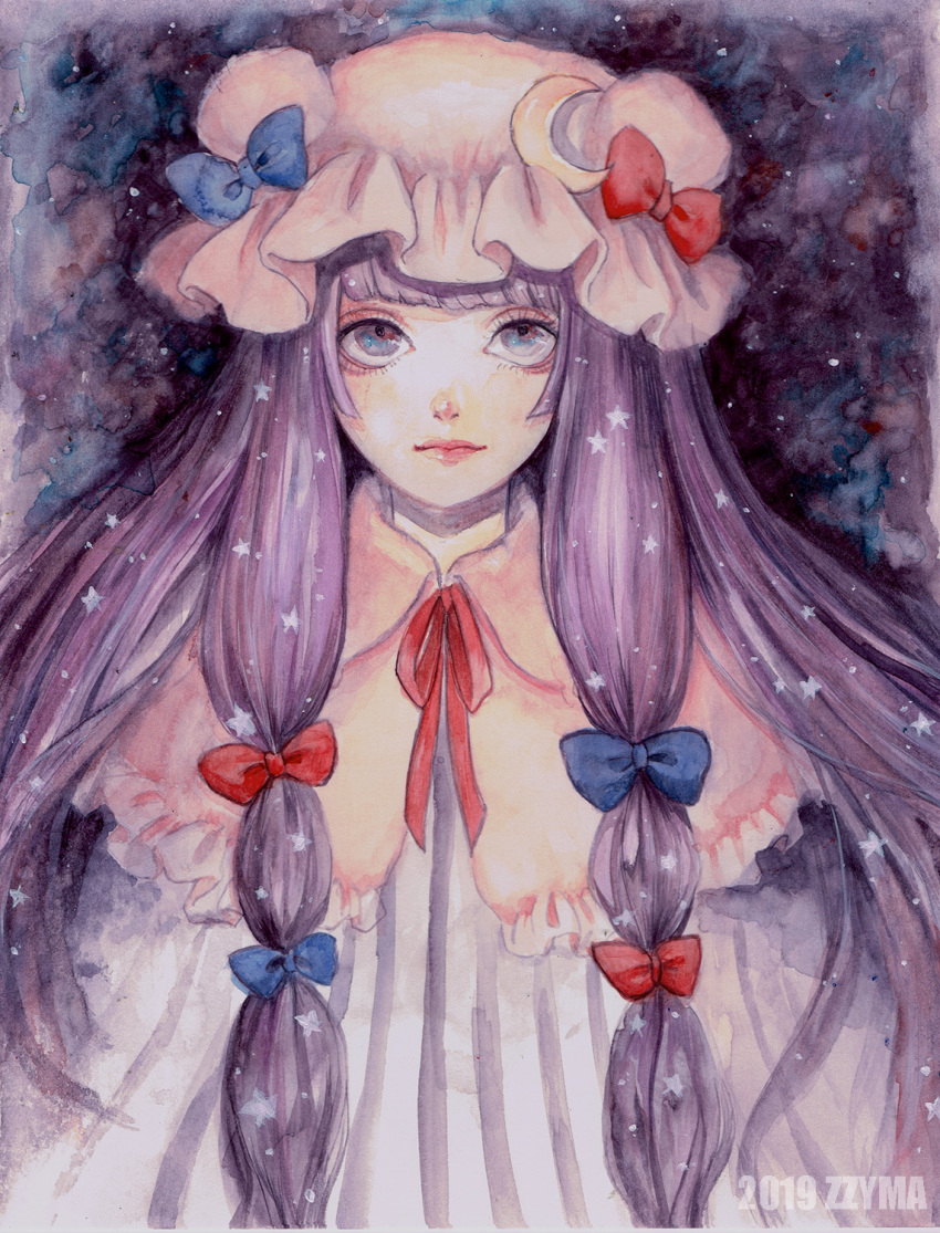 1girl bangs blue_bow blunt_bangs bow crescent crescent_hat_ornament dress eyelashes hat hat_ornament highres johnalay light_smile long_hair looking_at_viewer mob_cap painting_(medium) patchouli_knowledge purple_eyes purple_hair ribbon solo striped striped_dress touhou traditional_media