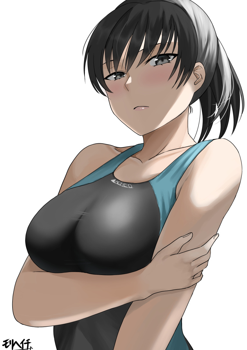 1girl absurdres amagami arm_under_breasts bangs black_eyes black_hair blush breasts closed_mouth commentary_request competition_swimsuit highres long_hair looking_at_viewer medium_breasts mori_heichi one-piece_swimsuit ponytail short_hair solo swimsuit tsukahara_hibiki