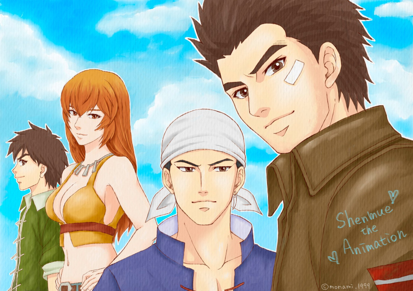 1girl 3boys bandage_on_face bandages bandana belt blue_skirt blue_sky breasts brown_eyes brown_hair chinese_clothes cleavage closed_mouth cloud cloudy_sky collared_jacket collared_shirt copyright_name crop_top denim green_shirt hands_on_hips hazuki_ryou highres jacket jeans jewelry joy_(shenmue) large_breasts leather leather_jacket long_hair looking_at_viewer messy_hair midriff monami_1999 multiple_boys navel necklace ni_xian_weng orange_hair pants ren_wu_ying shenmue shenmue_the_animation shirt signature skirt sky smile spiked_hair tooth_earrings white_bandana