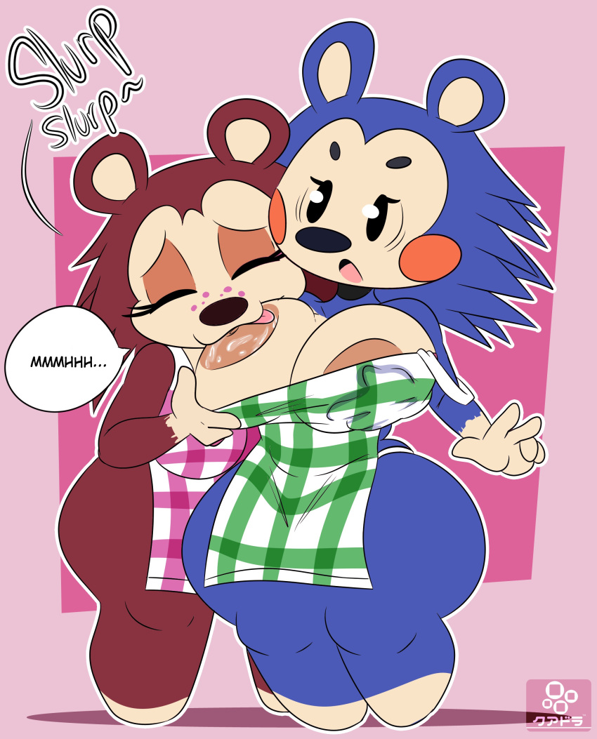 2022 absurd_res animal_crossing anthro apron apron_only areola big_areola big_breasts blue_body blue_fur breast_play breast_suck breasts brown_body brown_fur clothing cuadra_side duo english_text eulipotyphlan eyes_closed female female/female freckles fur hedgehog hi_res huge_areola huge_breasts huge_nipples incest_(lore) mablevi_eto mammal mostly_nude multicolored_body multicolored_fur nintendo onomatopoeia open_mouth sable_able sibling simple_background sister sisters sound_effects sucking tan_body tan_fur text thick_thighs tongue tongue_out two_tone_body two_tone_fur video_games wide_hips