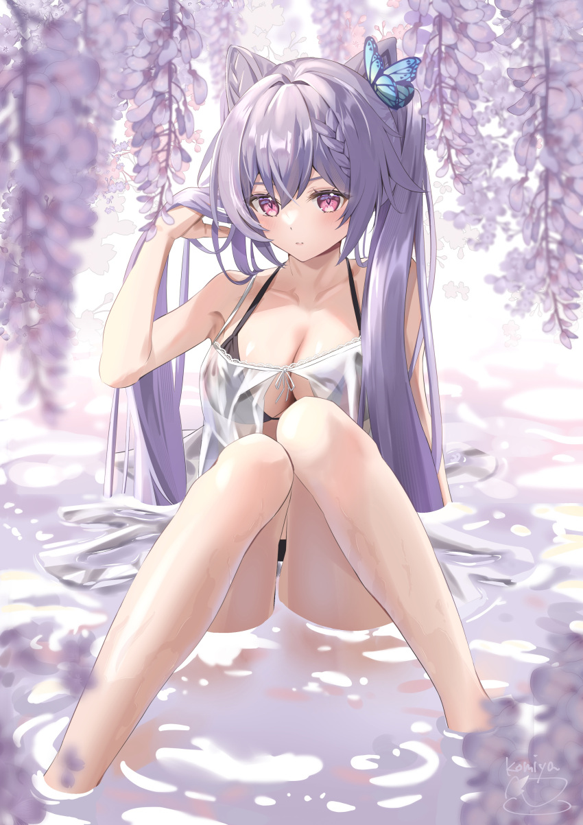 1girl absurdres artist_name bare_arms bare_legs bare_shoulders bikini bikini_under_clothes black_bikini blue_butterfly blurry blurry_foreground braid breasts bug butterfly butterfly_on_head cleavage collarbone cone_hair_bun double_bun flower genshin_impact hair_bun halterneck hand_in_own_hair highres keqing_(genshin_impact) knees_together_feet_apart komiya_latte lace_trim large_breasts long_hair parted_lips purple_eyes purple_flower purple_hair river see-through sidelocks sitting sitting_on_water solo swimsuit thighs twintails water wisteria