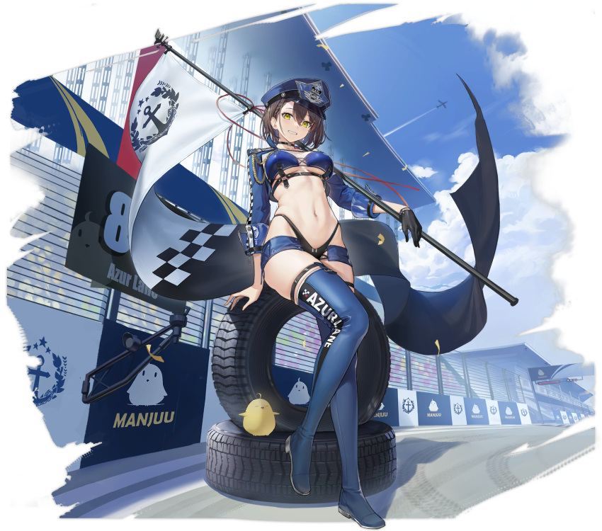 1girl artist_request azur_lane baltimore_(azur_lane) baltimore_(finish_line_flagbearer)_(azur_lane) bangs black_gloves black_panties blue_bra blue_footwear blue_headwear blue_shorts boots bra breasts brown_hair day flag full_body gloves hat highleg highleg_panties highres holding holding_flag looking_at_viewer medium_breasts navel official_alternate_costume official_art outdoors panties race_queen short_hair short_shorts shorts shrug_(clothing) single_glove smile solo thigh_boots tire transparent_background underwear yellow_eyes