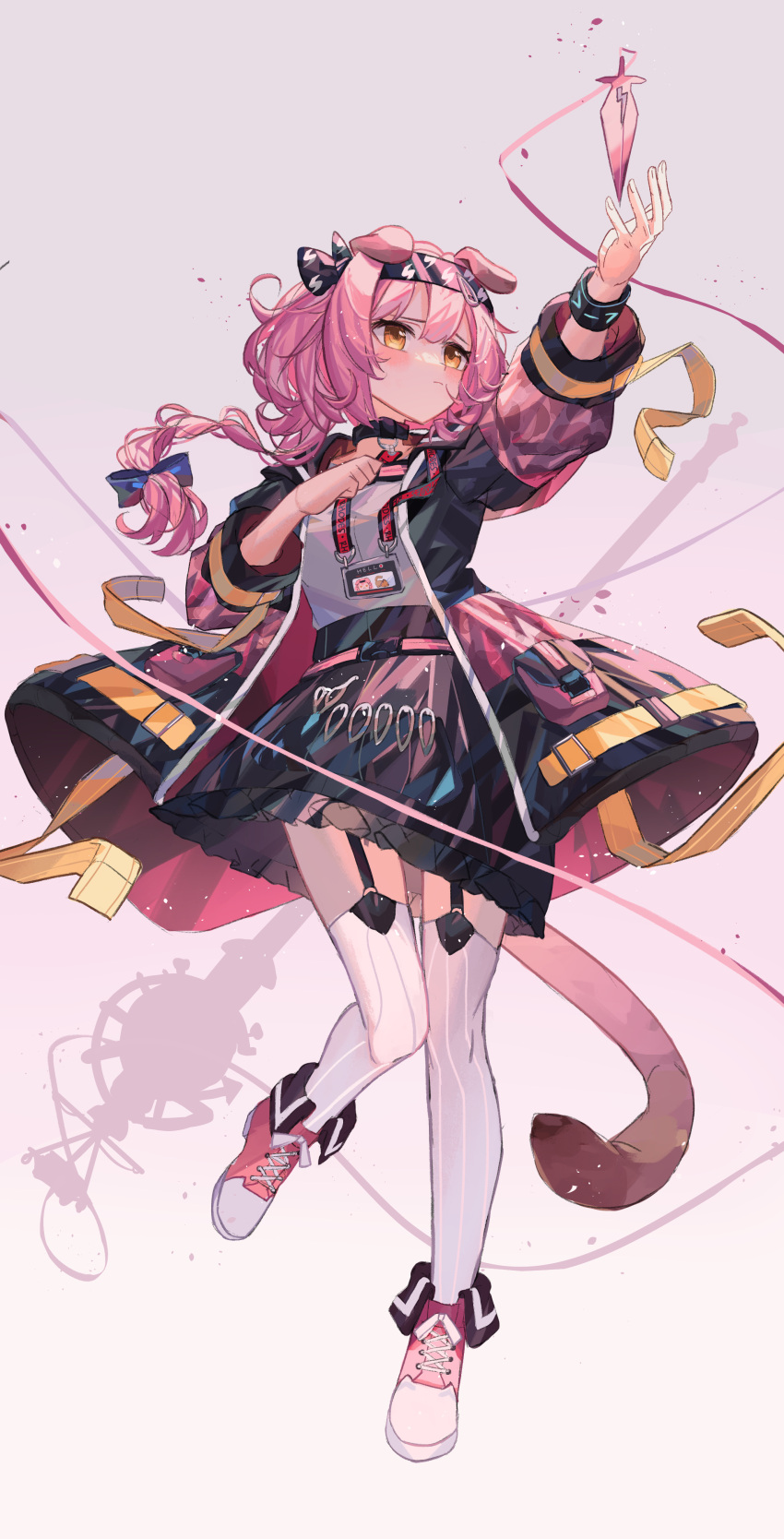 1girl absurdres animal_ears arknights arm_up bangs black_jacket black_skirt blue_bow blush bow cat_ears cat_girl cat_tail closed_mouth clynxen collar commentary cross-laced_footwear floppy_ears full_body garter_straps goldenglow_(arknights) hand_up highres id_card infection_monitor_(arknights) jacket lightning_bolt_print long_hair long_sleeves looking_afar multicolored_clothes multicolored_jacket open_clothes open_jacket orange_eyes pink_footwear pink_hair pink_jacket print_hairband scissors shirt shoes skirt sneakers solo staff tail thighhighs two-tone_footwear two-tone_jacket white_footwear white_shirt white_thighhighs