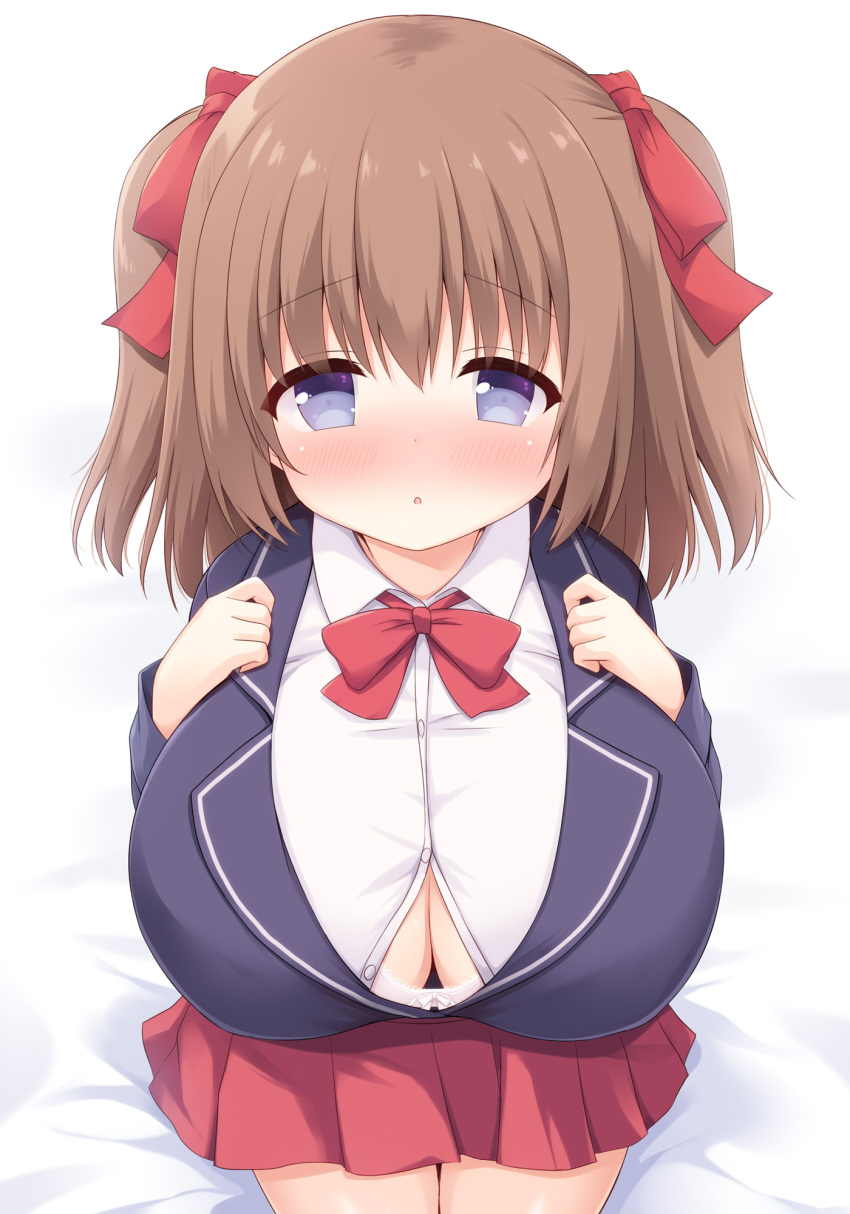 1girl :o bangs bed_sheet black_jacket blush bra bra_peek breasts brown_hair bursting_breasts cleavage commentary_request hair_between_eyes hair_ribbon highres huge_breasts jacket long_hair on_bed open_mouth oppai_loli original pleated_skirt purple_eyes red_skirt ribbon shirt simple_background sitting skirt solo twintails underwear uniform white_background white_bra white_shirt yuu_(yumezakura)