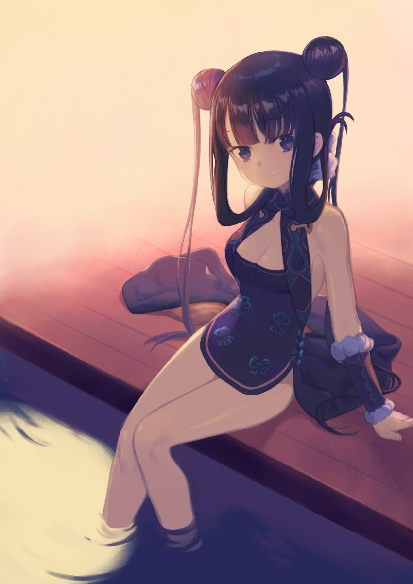 1girl absurdres bangs bare_shoulders black_dress blue_eyes blush breasts cleavage daisi_gi detached_sleeves double_bun dress fate/grand_order fate_(series) hair_bun highres large_breasts long_hair looking_at_viewer purple_hair sidelocks sitting smile soaking_feet solo thighs twintails very_long_hair water yang_guifei_(fate)