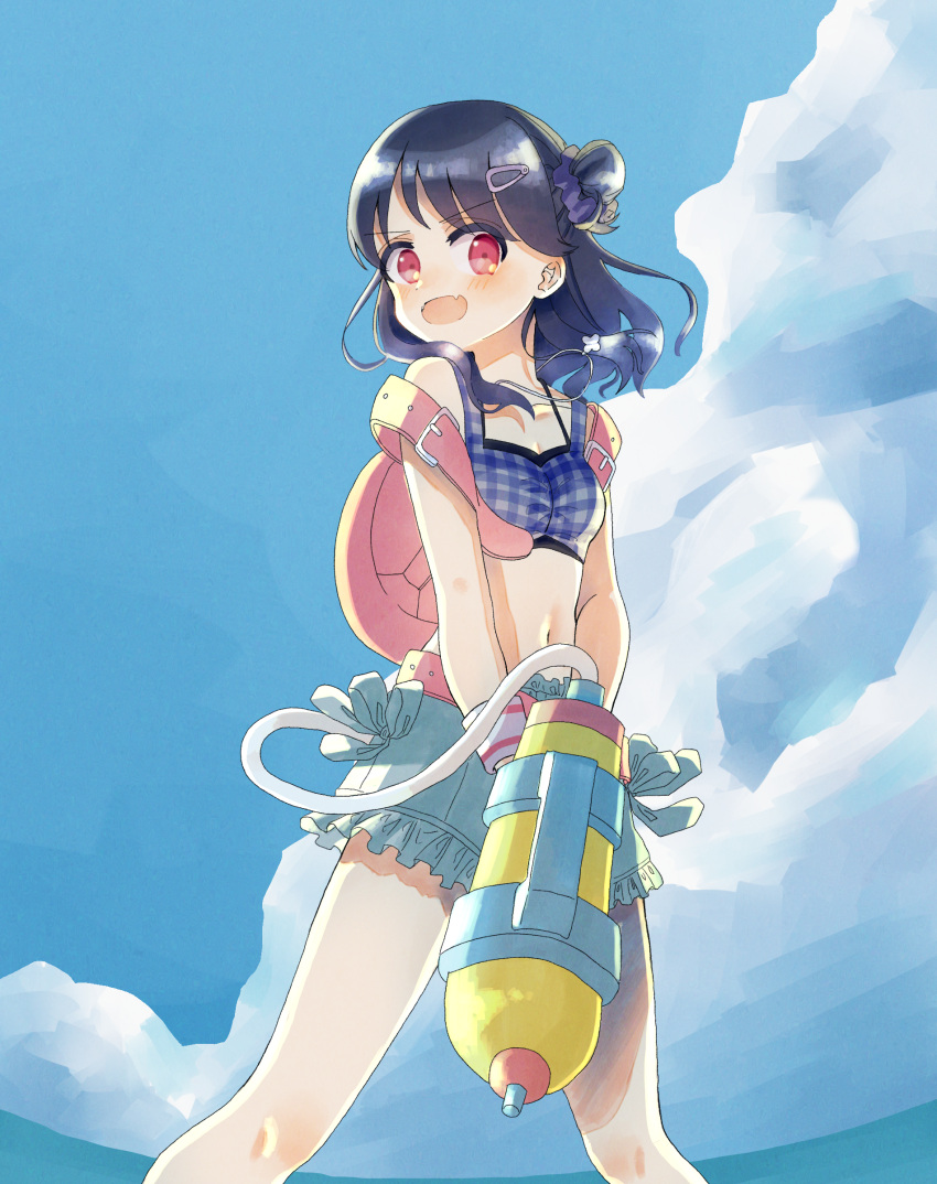 1girl absurdres backpack bag bikini bikini_shorts black_hair blue_sky cloud commentary_request fangs fukumaru_koito hair_bun hair_down hair_ornament hairclip highres idolmaster idolmaster_shiny_colors looking_at_viewer looking_down mememo_ai navel purple_eyes shorts skin_fangs sky solo stomach swimsuit water_gun