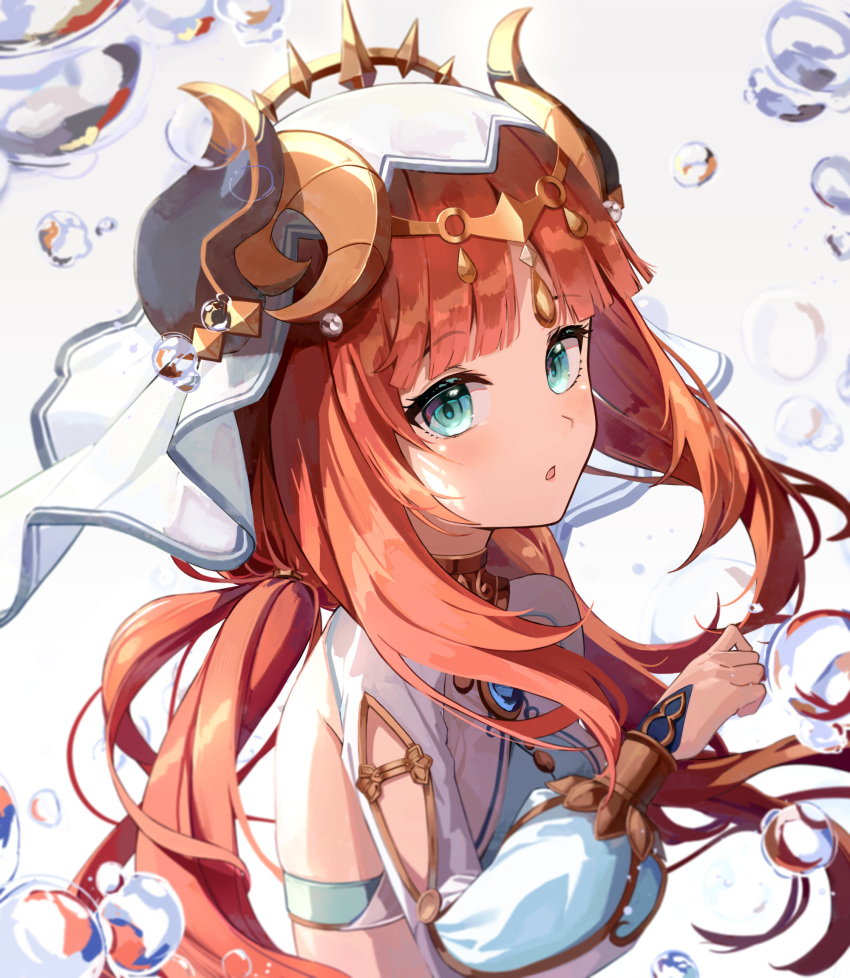 1girl aqua_eyes bangs brooch bubble clothing_cutout floating_hair forehead_jewel genshin_impact highres horns jewelry long_hair long_sleeves looking_at_viewer low_twintails neck_ring nilou_(genshin_impact) parted_bangs parted_lips puffy_long_sleeves puffy_sleeves red_hair seero shrug_(clothing) simple_background solo twintails upper_body vambraces veil water white_background white_headdress