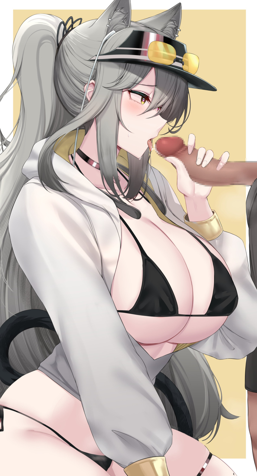 1girl absurdres alternate_costume animal_ears arknights bikini black_bikini breasts choker cleavage collarbone covered_nipples ear_piercing earbuds earphones earpiece extra_ears eyewear_on_headwear fellatio grey_hair handjob_gesture hat highres hood hoodie kanta_(kanta_077) open_clothes open_hoodie open_mouth oral penis piercing ponytail schwarz_(arknights) solo sunglasses swimsuit swimsuit_under_clothes tail yellow_background yellow_eyes