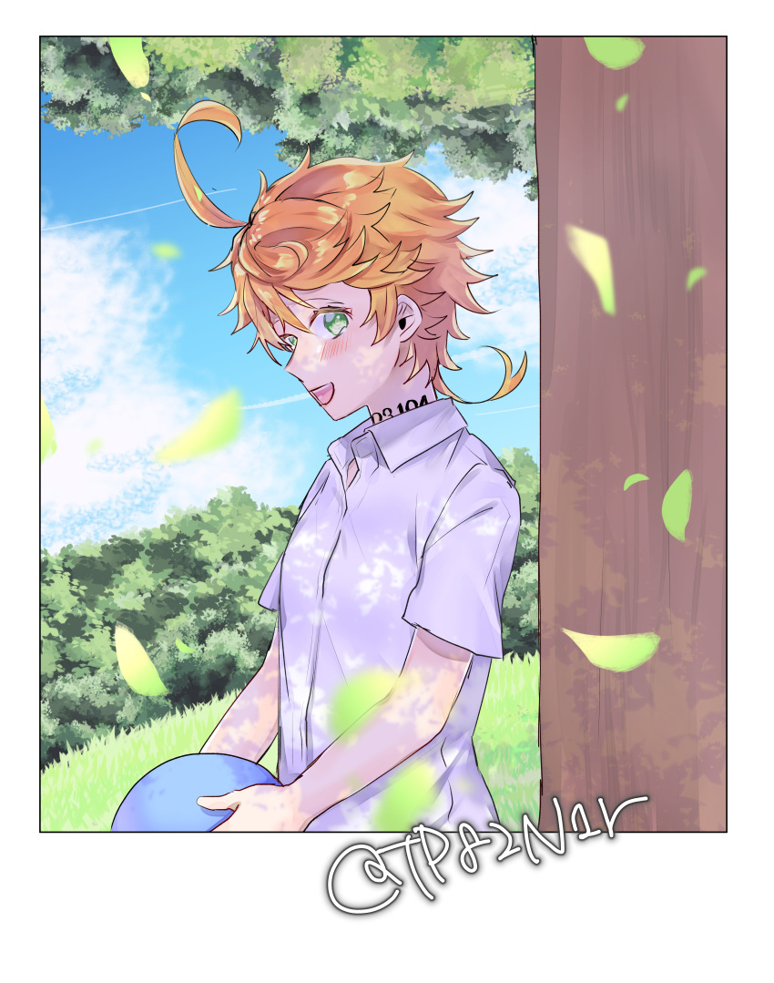 1girl absurdres ball emma_(yakusoku_no_neverland) green_eyes highres holding holding_ball neck_tattoo number_tattoo open_mouth orange_hair shirt short_hair short_sleeves smile tattoo tp82n1r tree under_tree white_shirt yakusoku_no_neverland