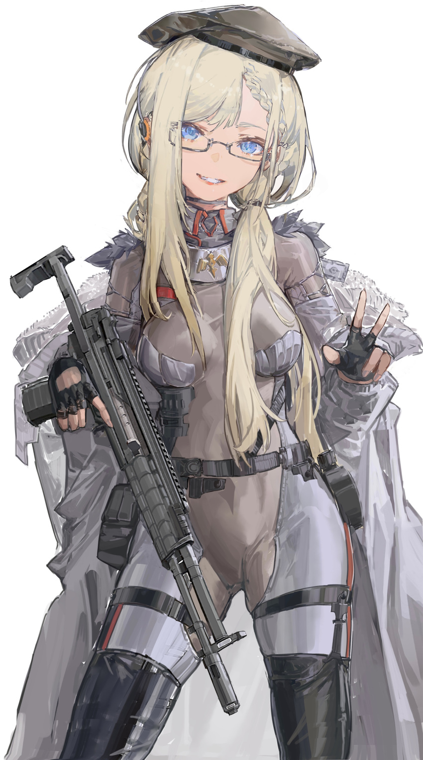 1girl a-545_(girls'_frontline) absurdres bangs black_gloves blonde_hair blue_eyes bodysuit braid breasts coat cowboy_shot fingerless_gloves girls'_frontline glasses gloves grey_coat gun hat headphones highres holding holding_gun holding_weapon long_hair long_sleeves looking_at_viewer medium_breasts messikid open_clothes open_coat parted_lips simple_background smile solo standing weapon white_background