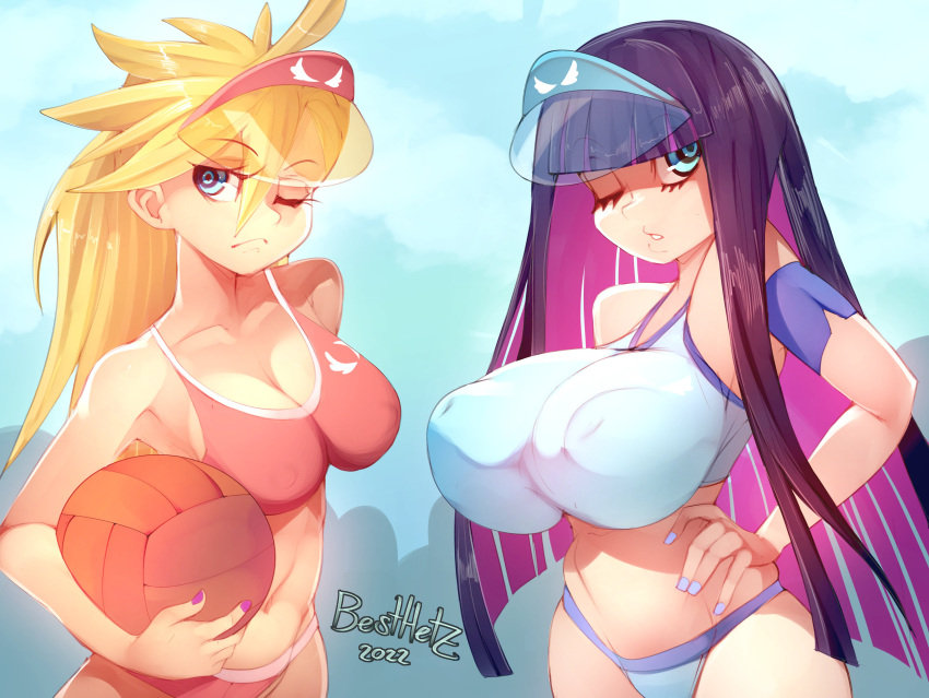 2022 2girls absurdres artist_name besthetz blonde_hair blue_eyes bow breasts colored_inner_hair day highres huge_breasts large_breasts multicolored_hair multiple_girls one_eye_closed outdoors panty_&amp;_stocking_with_garterbelt panty_(psg) pink_hair purple_hair stocking_(psg) swimsuit visor_cap volleyball