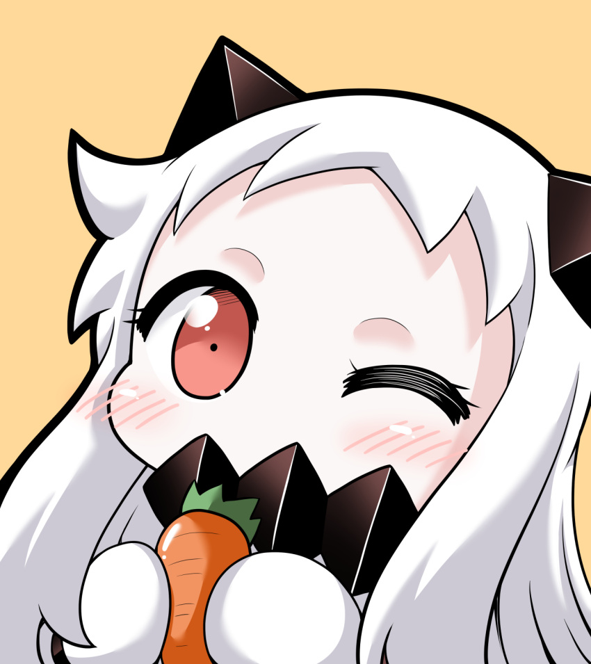 1girl abyssal_ship blush blush_stickers carrot collar colored_skin commentary_request food highres kantai_collection long_hair mittens northern_ocean_princess one_eye_closed red_eyes spiked_collar spikes toranoana white_hair white_skin yamato_nadeshiko