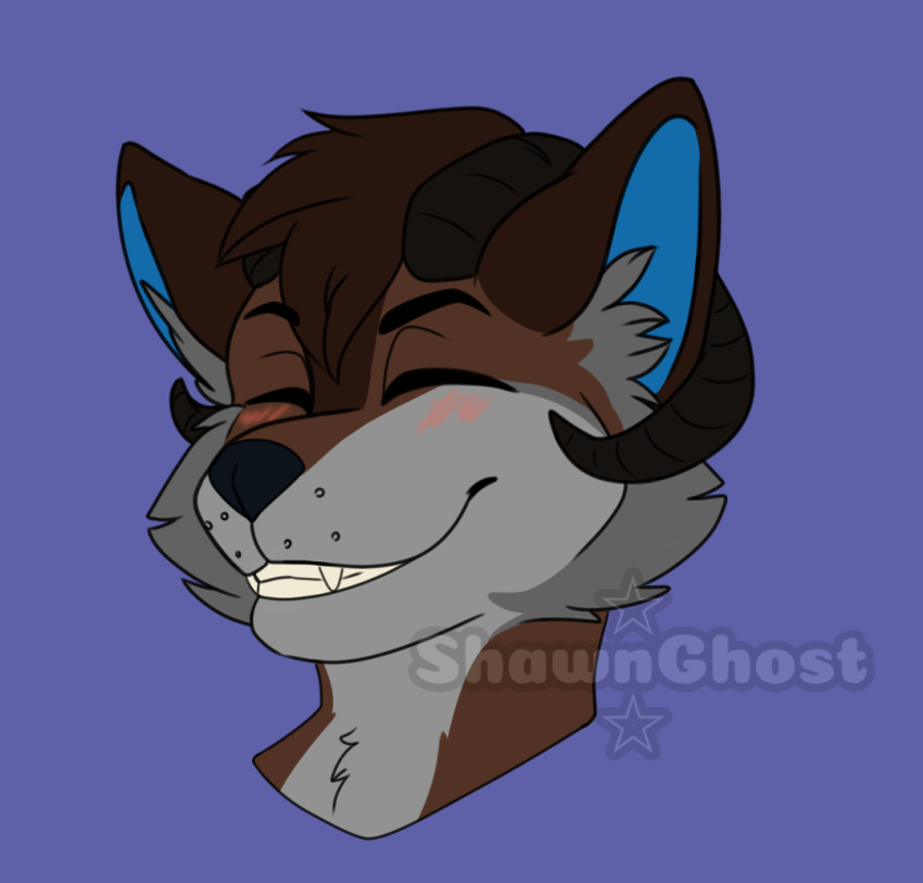 anthro blue_inner_ear blush blush_lines brown_hair canid canine canis cheek_tuft eyes_closed facial_tuft fur grey_body grey_fur hair horn hybrid inner_ear_fluff light_brown_fur light_grey_fur male mammal shawnghost smile solo tuft wolf