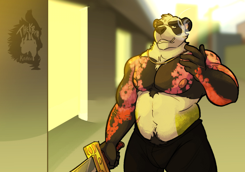 anthro arm_tattoo blurred_background giant_panda jewelry looking_at_viewer looking_down male mammal musclegut necklace pants_only shirtless_anthro shirtless_male smoking solo tattoo thekinkybear ursid