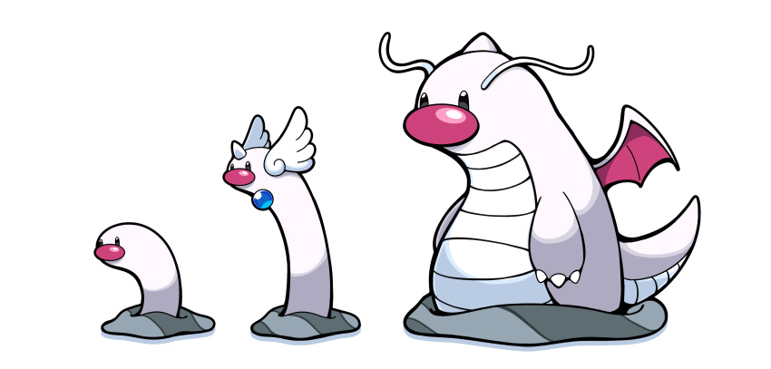 3others absurdres antennae big_nose black_eyes dragonair dragonite fukidashi_cotton highres horns multiple_others no_humans orb pokemon pokemon_(creature) simple_background tail white_background white_wings wiglett wing_ears wings