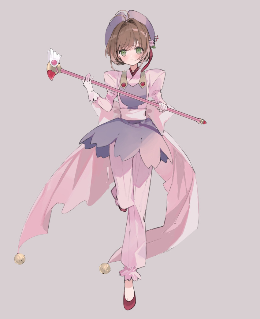 1girl blush brown_hair cardcaptor_sakura closed_mouth full_body gloves green_eyes highres holding holding_wand kinomoto_sakura kyuumura magical_girl purple_headwear red_footwear simple_background solo standing standing_on_one_leg wand