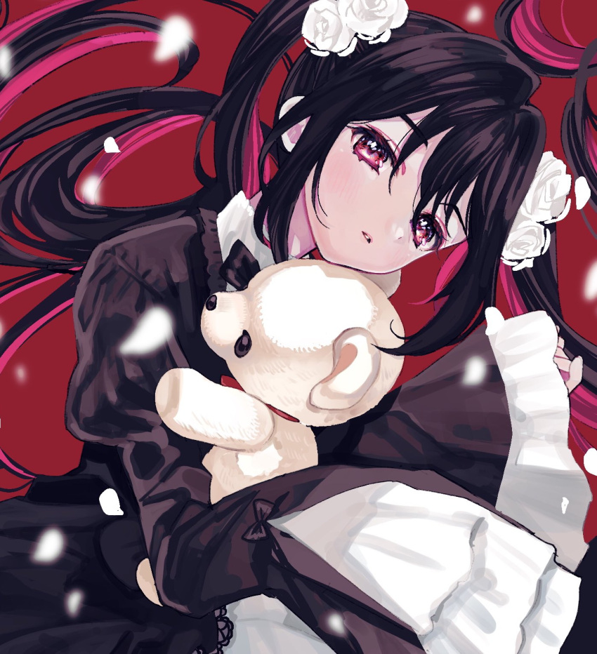 1girl amezawa_koma black_dress black_hair blush commission dress flower hair_flower hair_ornament highres long_hair looking_at_viewer original parted_lips petals red_background red_eyes rose skeb_commission sleeves_past_fingers sleeves_past_wrists stuffed_animal stuffed_toy teddy_bear twintails two-tone_dress upper_body white_flower white_rose wide_sleeves