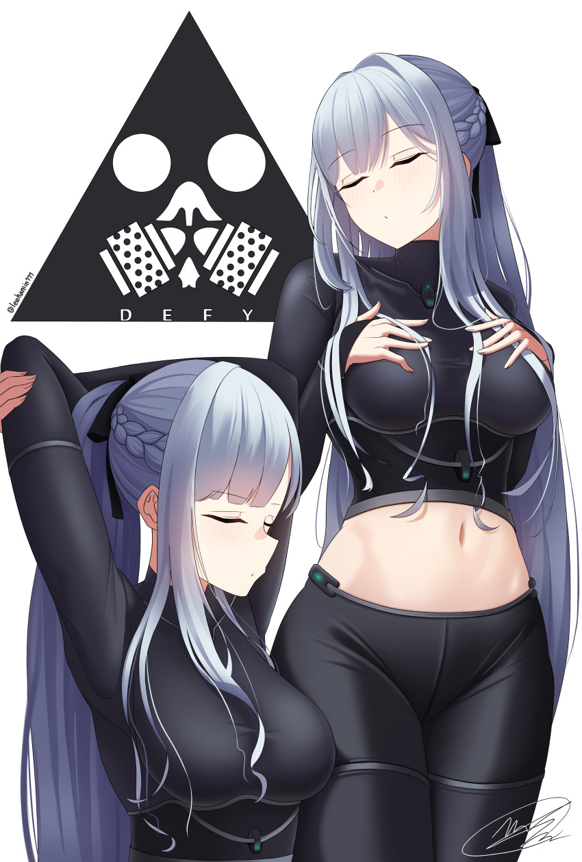 1girl absurdres ak-12_(girls'_frontline) arms_behind_head arms_up artist_name bangs black_bodysuit black_pants black_ribbon bodysuit braid breasts closed_eyes closed_mouth cowboy_shot defy_(girls'_frontline) feet_out_of_frame french_braid girls'_frontline grey_hair hair_between_breasts hair_ribbon hands_on_own_breasts hands_on_own_chest highres leehamin777 long_hair long_sleeves medium_breasts midriff mixed-language_commentary navel pants ponytail revision ribbon sidelocks simple_background solo standing twitter_username