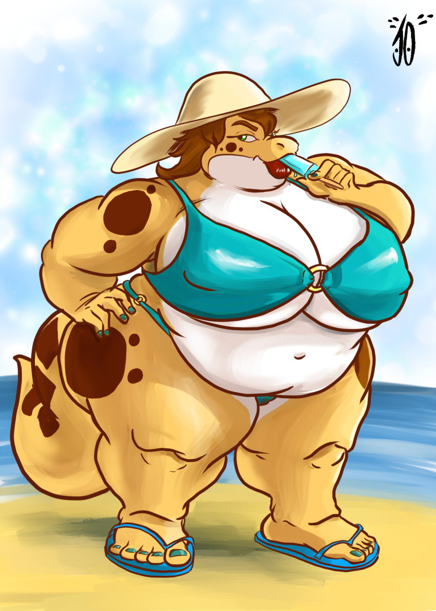 anthro beach belly big_breasts bikini bottomwear breasts brown_hair clothed clothing eublepharid female food gecko hair haley_(volkenfox) hi_res huge_breasts hyper infinitesimalj0 leopard_gecko lips lizard looking_at_viewer makeup mature_female morbidly_obese obese overweight overweight_anthro overweight_female popsicle reptile scalie seaside shorthair simple_background solo spots spotted_body sun_hat swimwear tail thick_lips thick_thighs topwear