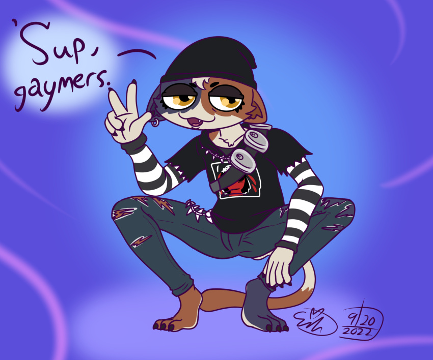 anthro barefoot beanie bottomwear clothing crouching denim denim_clothing digital_media_(artwork) domestic_cat ear_piercing epic_games erynerikard feet felid feline felis female fortnite gesture hat headgear headwear hi_res hoodie jeans mammal meow_skulls_(fortnite) pants pattern_clothing piercing slav_squat striped_clothing stripes topwear torn_bottomwear torn_clothing torn_jeans torn_pants v_sign video_games