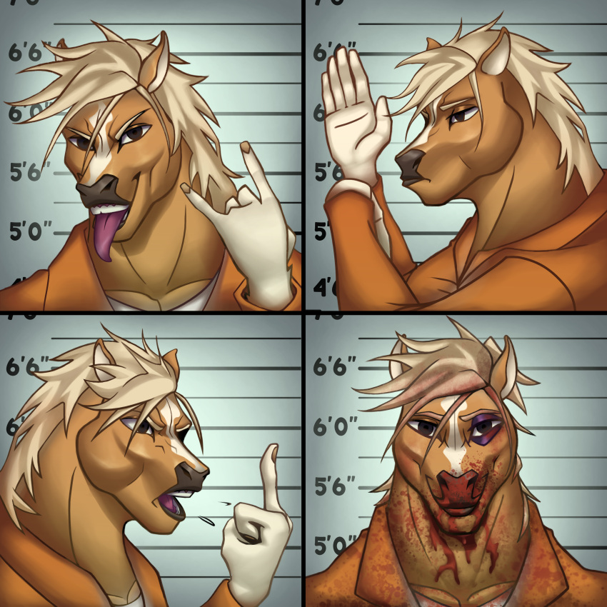 absurd_res angry anthro black_eye_(injury) blood blood_on_clothing blood_on_face blood_splatter bodily_fluids bruised clothing dancing devil_horns_(gesture) equid equine flaviomodezto gesture headshot_portrait hi_res horse male mammal middle_finger multiple_images multiple_poses nosebleed portrait pose prison_jumpsuit saliva smile smiling_at_viewer solo steel-cut_(li'l_melon) strays_in_paradise tongue tongue_out yelling