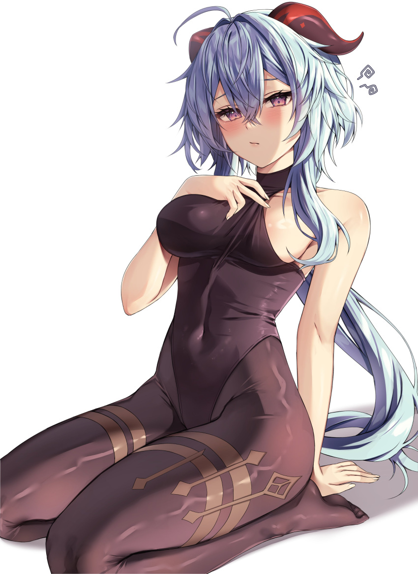 1girl absurdres adjusting_clothes ahoge areola_slip arm_support bangs bare_arms black_leotard black_pantyhose blue_hair blush bodystocking bodysuit breasts clothes_pull covered_navel frown full_body ganyu_(genshin_impact) genshin_impact groin halterneck highres horns leotard leotard_under_clothes long_hair looking_at_viewer medium_breasts no_gloves no_shoes pantyhose pulled_by_self purple_eyes seiza sideboob sidelocks sitting sleeveless solo squiggle thighlet thighs vitaminechan white_background