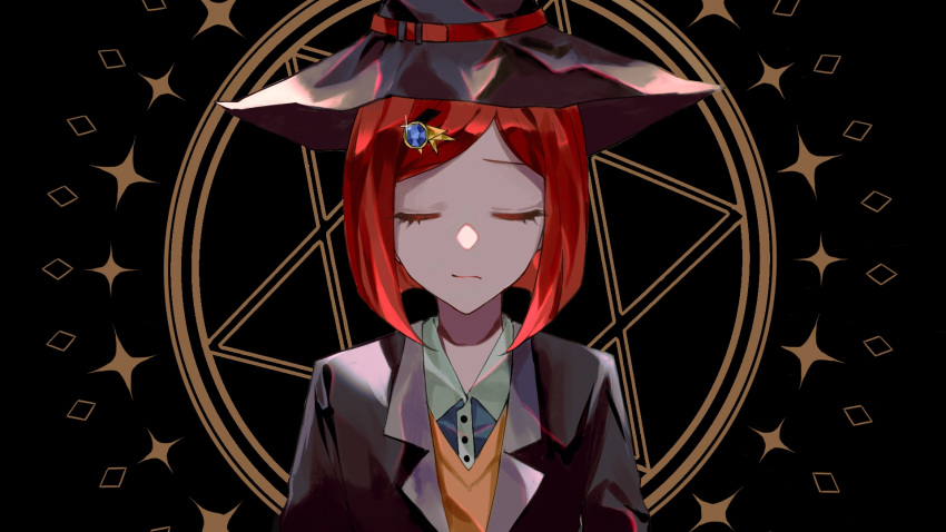 1girl bangs black_background black_headwear black_jacket brown_background brown_vest chu_dong closed_mouth collared_shirt danganronpa_(series) danganronpa_v3:_killing_harmony dress_shirt gem grey_shirt hair_ornament hat hexagram highres jacket looking_at_viewer open_clothes open_jacket red_eyes red_hair shiny shiny_clothes shirt short_hair solo star_of_david vest witch_hat yumeno_himiko