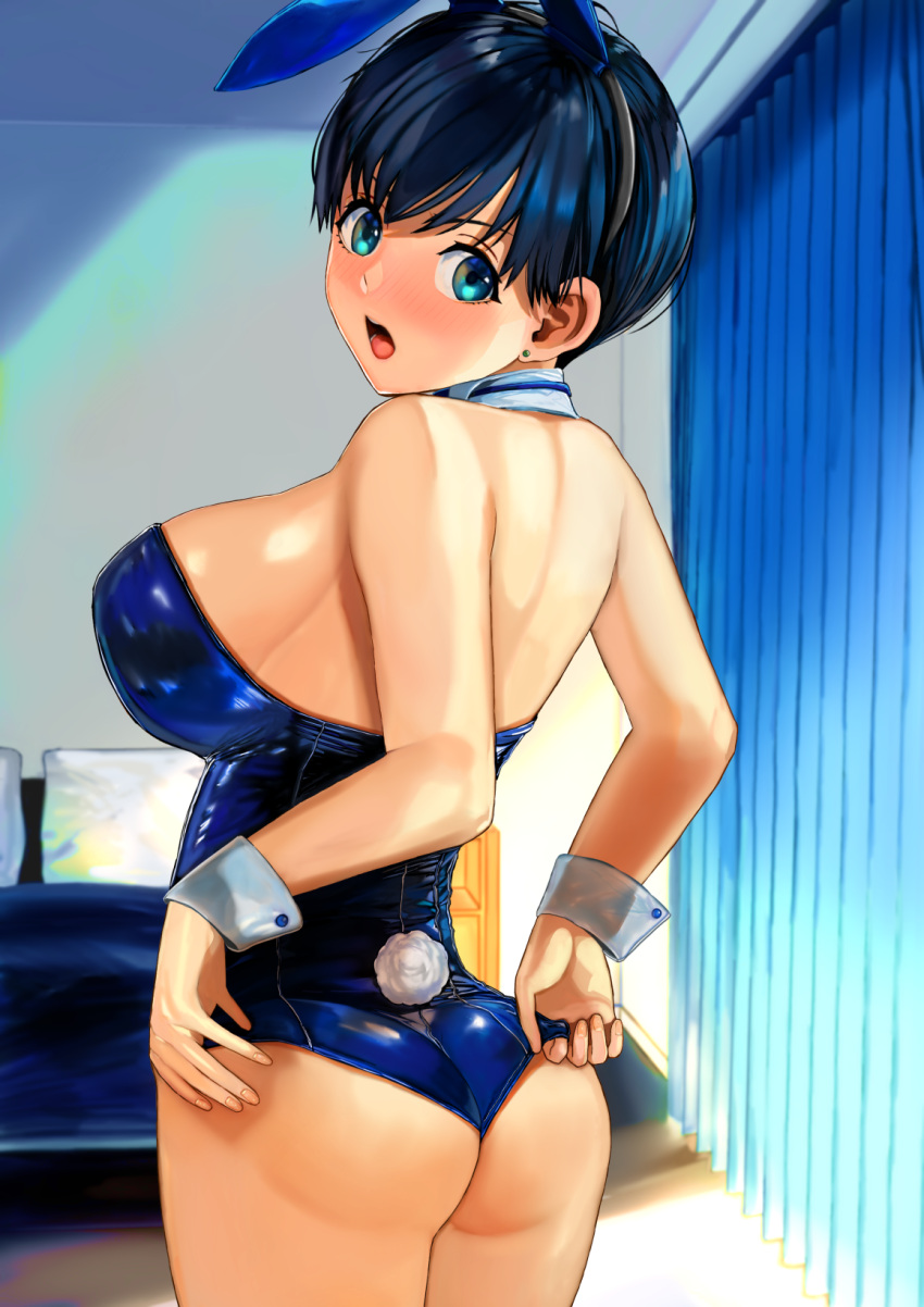 1girl adjusting_clothes adjusting_leotard animal_ears ass bangs banned_artist bare_shoulders bed black_hairband blue_hair blue_leotard breasts cowboy_shot curtains detached_collar earrings fake_animal_ears fake_tail from_behind green_eyes hairband highres indoors jewelry large_breasts leotard looking_at_viewer looking_back open_mouth original playboy_bunny poko_(mammypoko) rabbit_ears rabbit_tail short_hair solo strapless strapless_leotard stud_earrings tail v-shaped_eyebrows wrist_cuffs