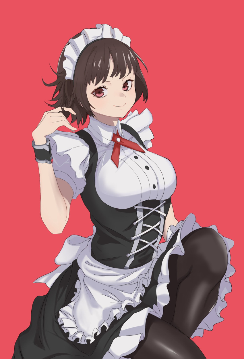 1girl alternate_costume apron black_dress black_pantyhose breasts brown_hair buttons closed_mouth commentary_request corset dress enmaided frilled_dress frills highres looking_at_viewer maid maid_headdress medium_breasts mobchara11 niijima_makoto pantyhose persona persona_5 puffy_short_sleeves puffy_sleeves red_background red_eyes short_hair short_sleeves simple_background smile solo two-tone_dress waist_apron white_apron white_dress