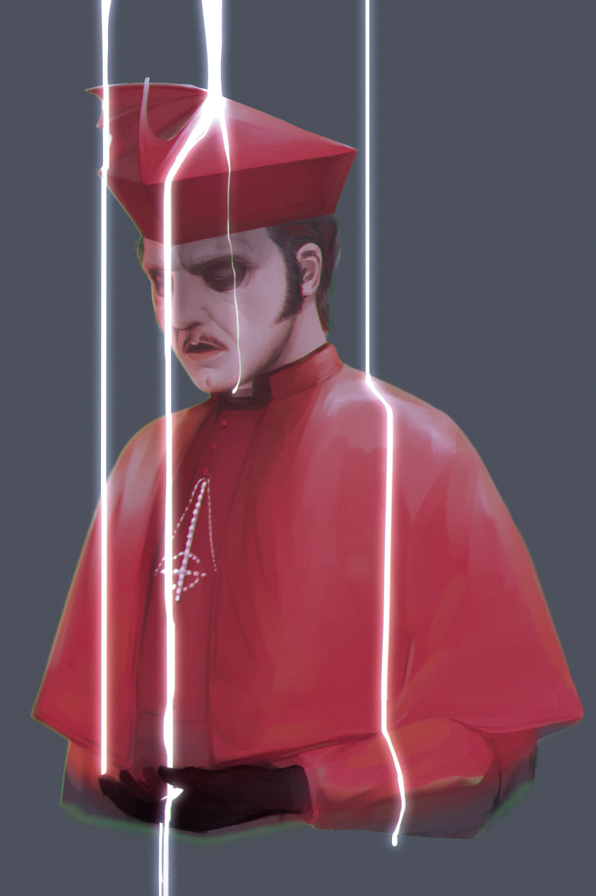 1boy absurdres black_gloves brown_hair cardinal closed_eyes cropped_legs erumil eyeshadow facial_hair ghost_(band) gloves highres jewelry logo makeup male_focus mustache necklace papa_emeritus_iv pouring red_headwear red_robe robe short_hair sideburns standing
