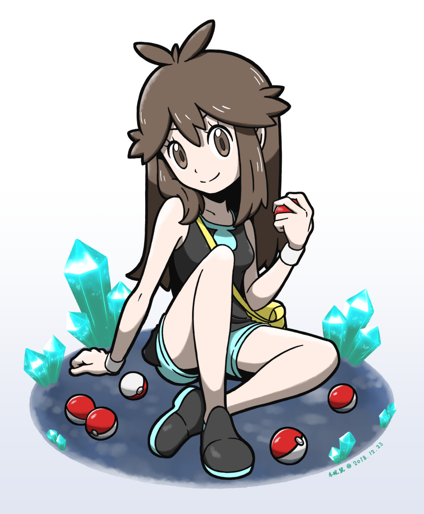 1girl absurdres bag bangs brown_eyes brown_hair crystal green_(pokemon) hair_between_eyes highres knee_up leaf_(pokemon) long_hair looking_at_viewer poke_ball pokemon pokemon_(game) pokemon_lgpe satchel shirt shoes shorts sidelocks sitting sleeveless smile solo yamane_(viq4201)