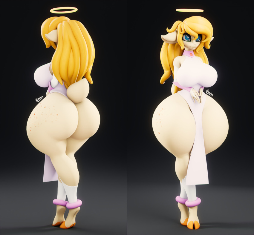 3d_(artwork) angel anthro big_breasts big_butt black_background blonde_hair blue_eyes bovid breasts butt caprine clothing digital_media_(artwork) dress female freckles hair halo hooves huge_butt leg_ring mammal multiple_angles orange_hooves pink_wristband rumakis sera_(suirano) sheep simple_background solo thick_thighs white_clothing white_dress wide_hips