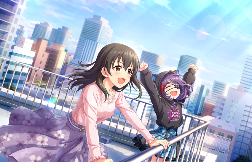 2girls animal_hood artist_request bangs black_hair blue_sky blush cat_hood cityscape collarbone day eyepatch fang frilled_shirt frills fujiwara_hajime hand_on_railing hayasaka_mirei heart heart_eyepatch hood idolmaster idolmaster_cinderella_girls jewelry leaning long_skirt long_sleeves multicolored_hair multiple_girls official_art open_mouth outdoors pendant plaid plaid_skirt purple_hair railing rooftop screaming shirt skirt sky standing streaked_hair sunlight