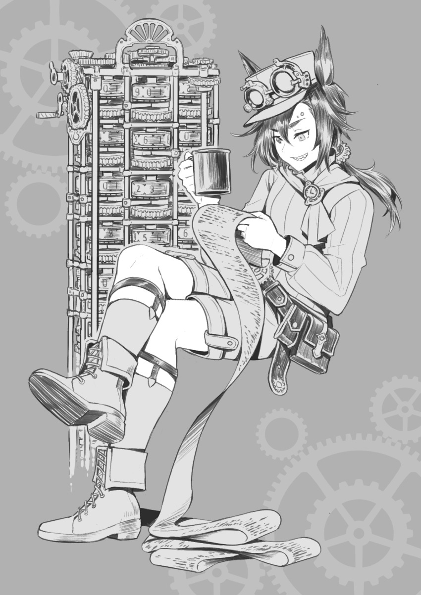 1girl air_shakur_(umamusume) alternate_costume animal_ears bangs belt boots crossed_legs cup eyebrow_piercing gears goggles goggles_on_headwear greyscale grin hat highres holding holding_cup holding_paper horse_ears invisible_chair legwear_garter long_hair long_sleeves low_ponytail monochrome paper piercing pouch sharp_teeth shirt shorts sinnra_art sitting smile socks solo steampunk teeth umamusume