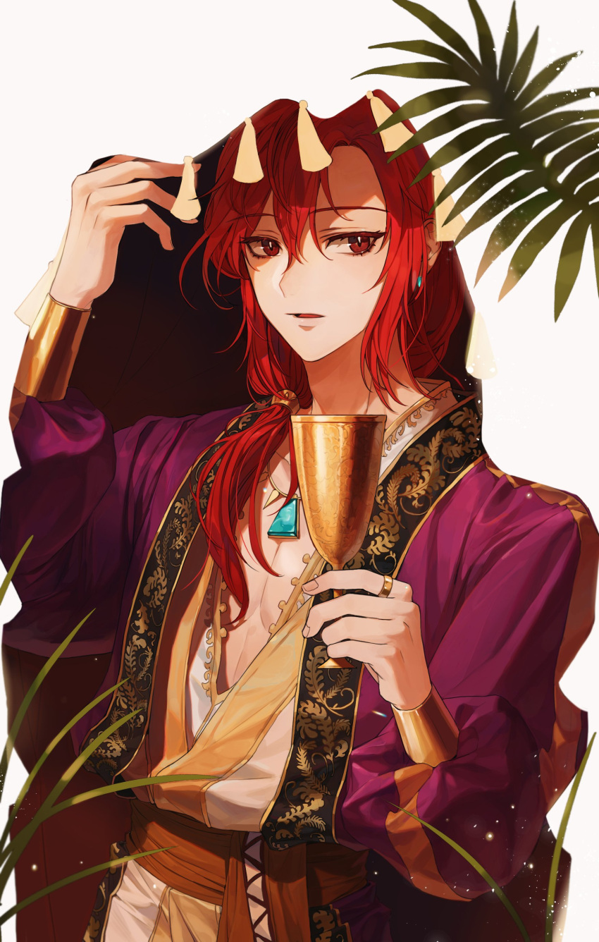 1boy absurdres arabian_clothes cup highres holding holding_cup jewelry korean_commentary long_hair lout_of_count's_family mua necklace pectoral_cleavage pectorals ponytail red_eyes red_hair solo white_background