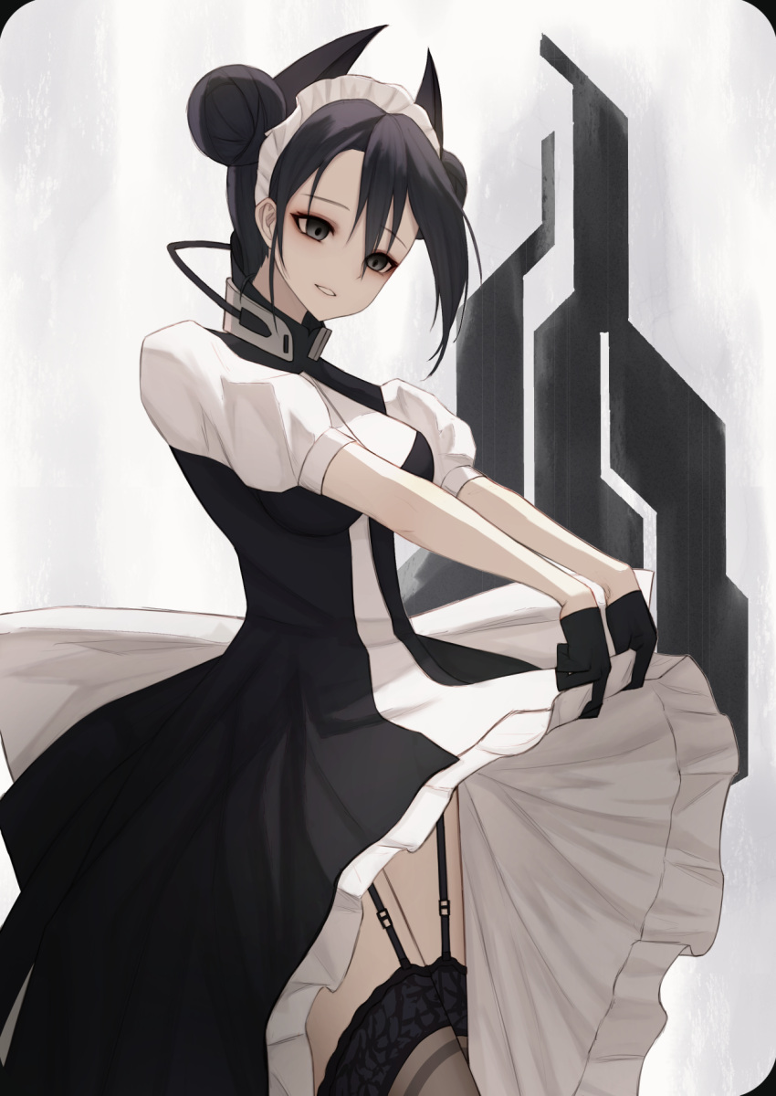 1girl agent_(girls'_frontline) bangs black_dress black_eyes black_gloves black_hair black_thighhighs breasts clothes_lift double_bun dress dress_lift feet_out_of_frame garter_belt garter_straps girls'_frontline gloves hair_bun highres lifted_by_self looking_down maid maid_headdress medium_breasts medium_hair open_mouth parted_lips sangvis_ferri simple_background solo standing thighhighs thomas_8000 two-tone_dress